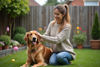 Femme souriante brossant un golden retriever dans un jardin