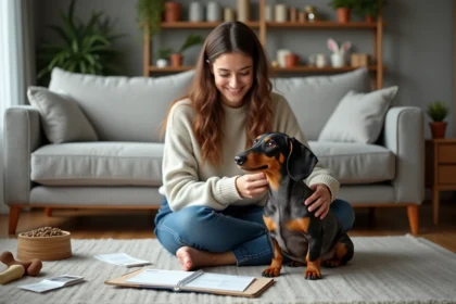 Femme souriante brossant un teckel arlequin dans son salon