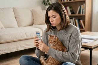 Femme tenant son chat roux dans les bras en examinant un comprimé antiparasitaire oublié pour chat