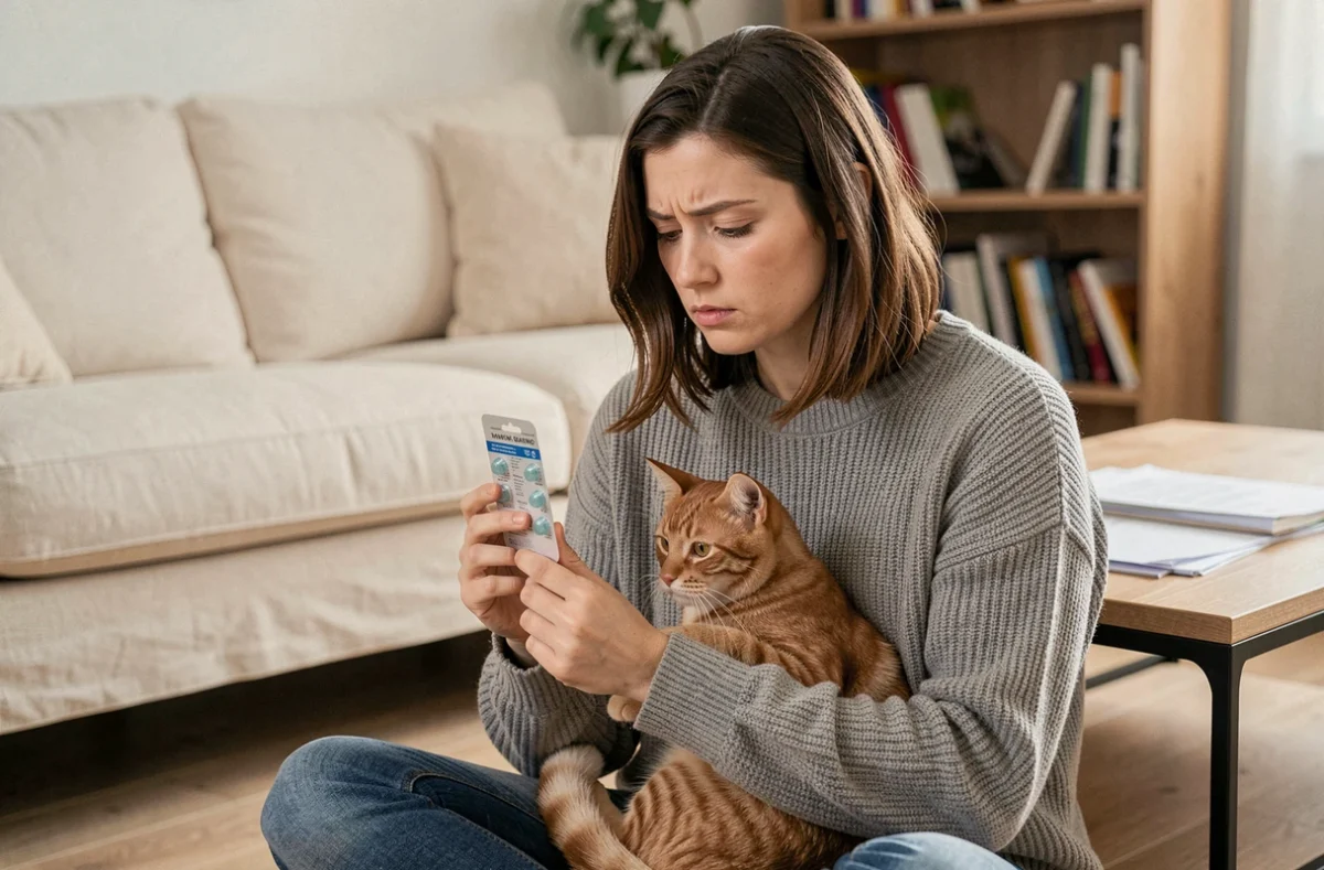 Femme tenant son chat roux dans les bras en examinant un comprimé antiparasitaire oublié pour chat