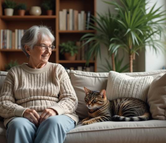 Femme assise avec un chat dans un salon chaleureux