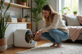 Femme avec chat et litière dans un salon cosy