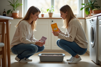 Femme avec litière pour chat dans une cuisine moderne