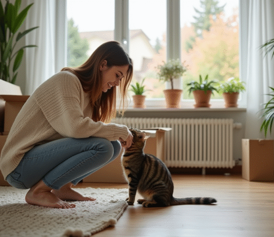 Jeune femme avec chat dans un salon accueillant
