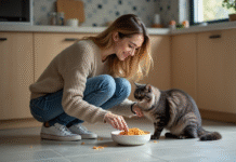 Nourriture pour chats : est-ce que la pâtée est une option saine ? Jeune femme donnant de la pâtée à un chat dans la cuisine