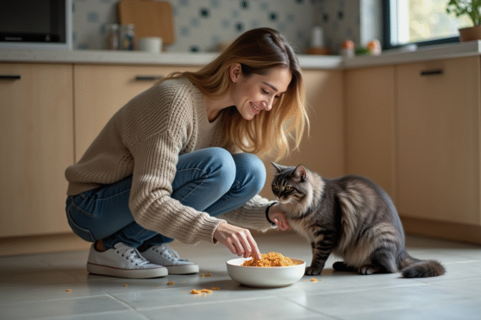 femme-chat-patee-cuisine Jeune femme donnant de la pâtée à un chat dans la cuisine