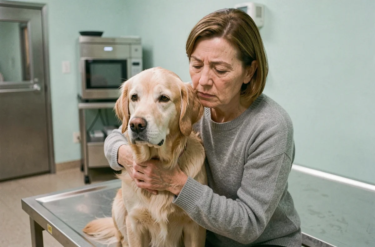 Femme âgée tenant un vieux golden retriever sur une table de consultation vétérinaire, moment émouvant lié à l'euthanasie d'un chien