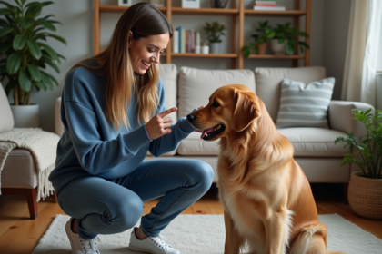 Jeune femme avec chien golden retriever dans un salon chaleureux