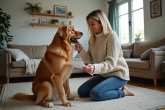 Femme caressant son chien dans un salon chaleureux
