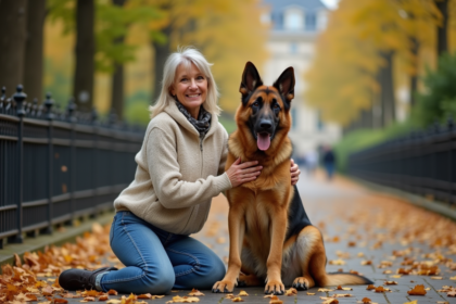 Femme française caressant un grand berger allemand dans un parc