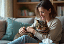 Femme consolant son chat malade dans le salon