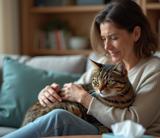 Chlamydiose chez le chat : symptômes, traitement et prévention Femme consolant son chat malade dans le salon