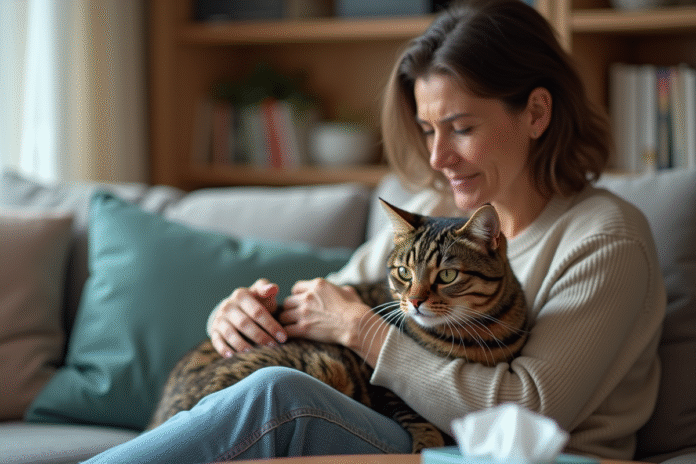 Femme consolant son chat malade dans le salon