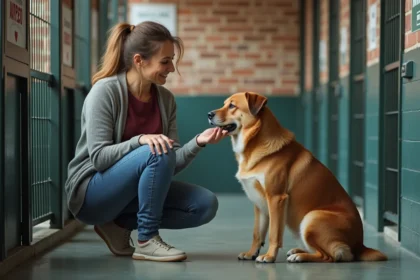 Femme caressant un chien dans un refuge animalier