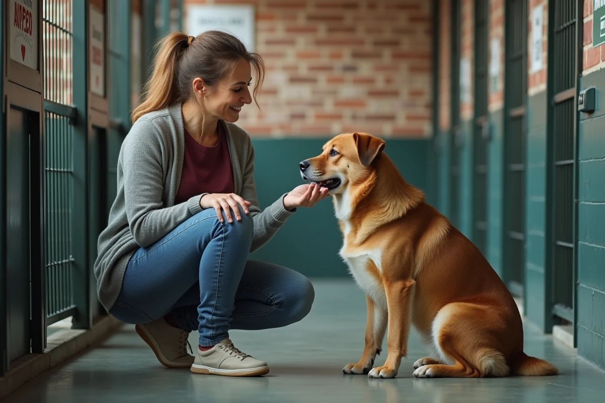 Femme caressant un chien dans un refuge animalier