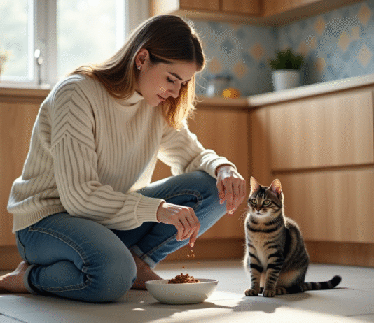 Croquettes pour chat : quels éléments à surveiller pour bien choisir ? Jeune femme verse nourriture sèche pour chat dans un bol