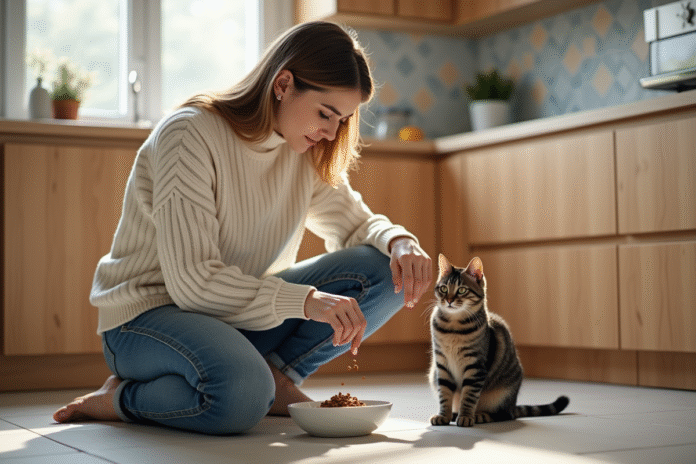 femme-donne-nourriture-chat Jeune femme verse nourriture sèche pour chat dans un bol