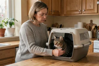 Femme qui dépose son chat dans une cage de transport pour le donner à une association