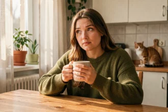 Femme attentive écoutant un son avec un chat en arrière-plan dans une cuisine chaleureuse