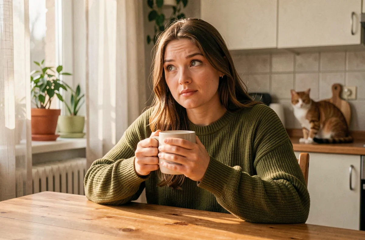 Femme attentive écoutant un son avec un chat en arrière-plan dans une cuisine chaleureuse