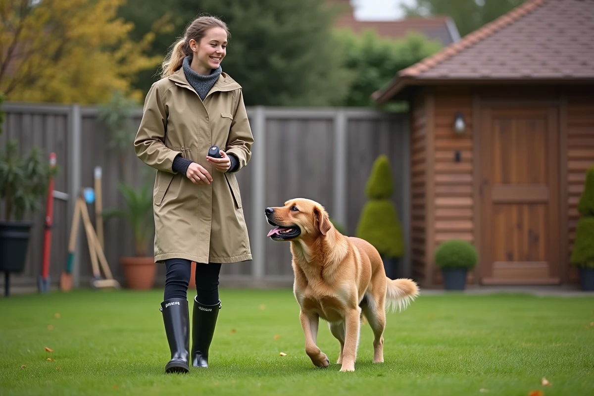 Femme en extérieur avec son chien lors d’un entraînement