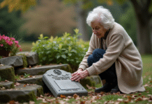 Destination décès animaux de compagnie : Où vont-ils après leur mort ? Femme âgée dans un jardin en train de caresser une pierre tombale