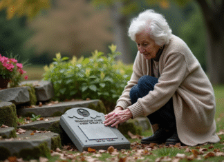 Femme âgée dans un jardin en train de caresser une pierre tombale