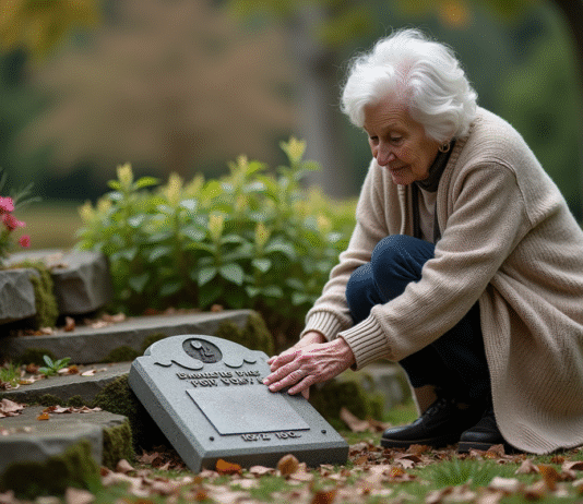 Femme âgée dans un jardin en train de caresser une pierre tombale