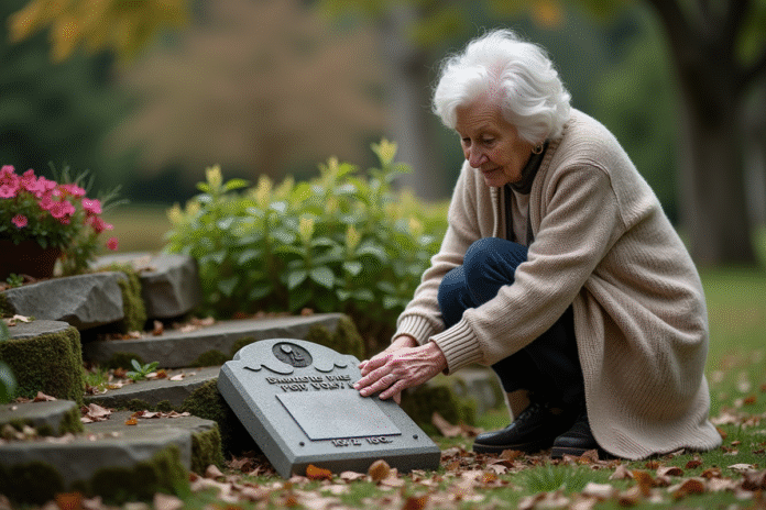 femme-elderly-jardin-pierre-tombe Femme âgée dans un jardin en train de caresser une pierre tombale