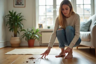 Femme examinant des déjections dans un salon lumineux