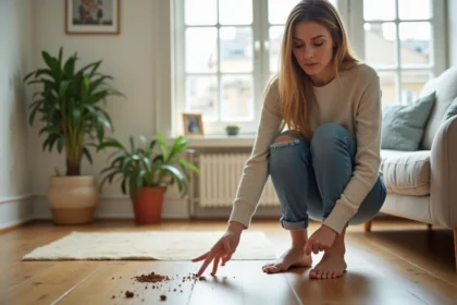 Femme examinant des déjections dans un salon lumineux