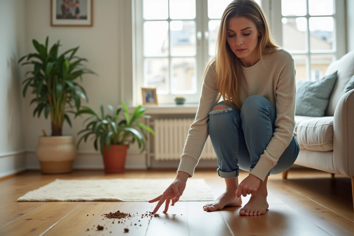 Femme examinant des déjections dans un salon lumineux