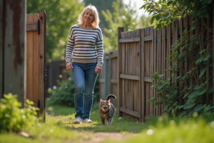 Femme surprise devant un jardin avec un chat qui miaule