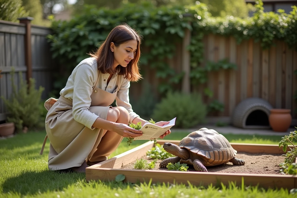 Femme consultant un guide botanique pour identifier les plantes comestibles pour sa tortue