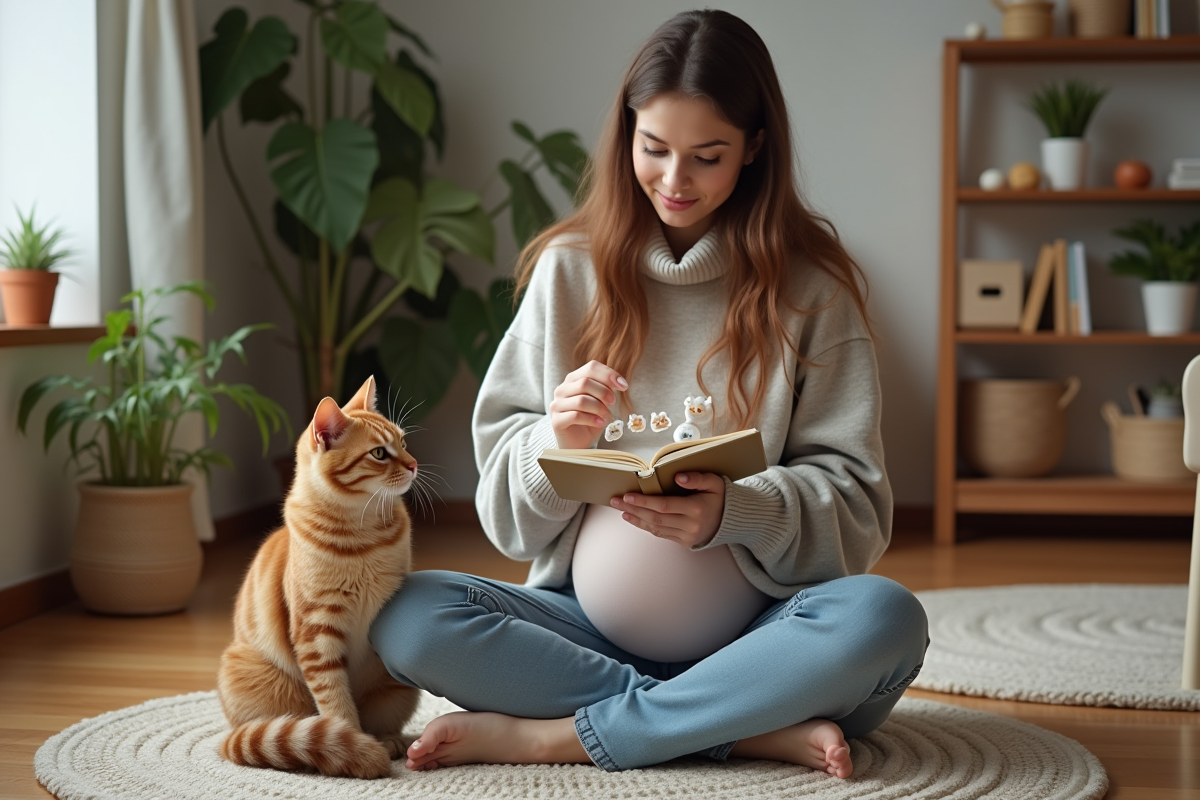 Femme chez elle compte des chatons avec sa chatte enceinte