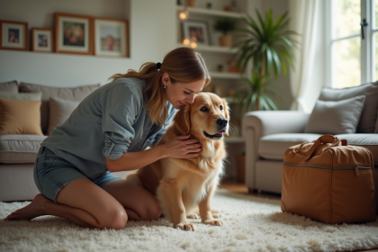 Femme en vacances câline son chien golden retriever dans un salon