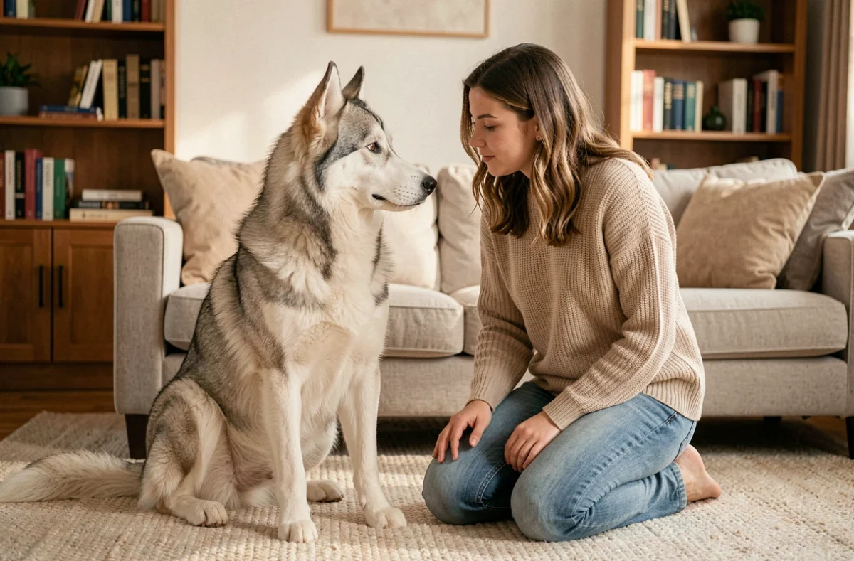 Femme et son chien croisé husky berger allemand partageant un moment de complicité dans un salon chaleureux