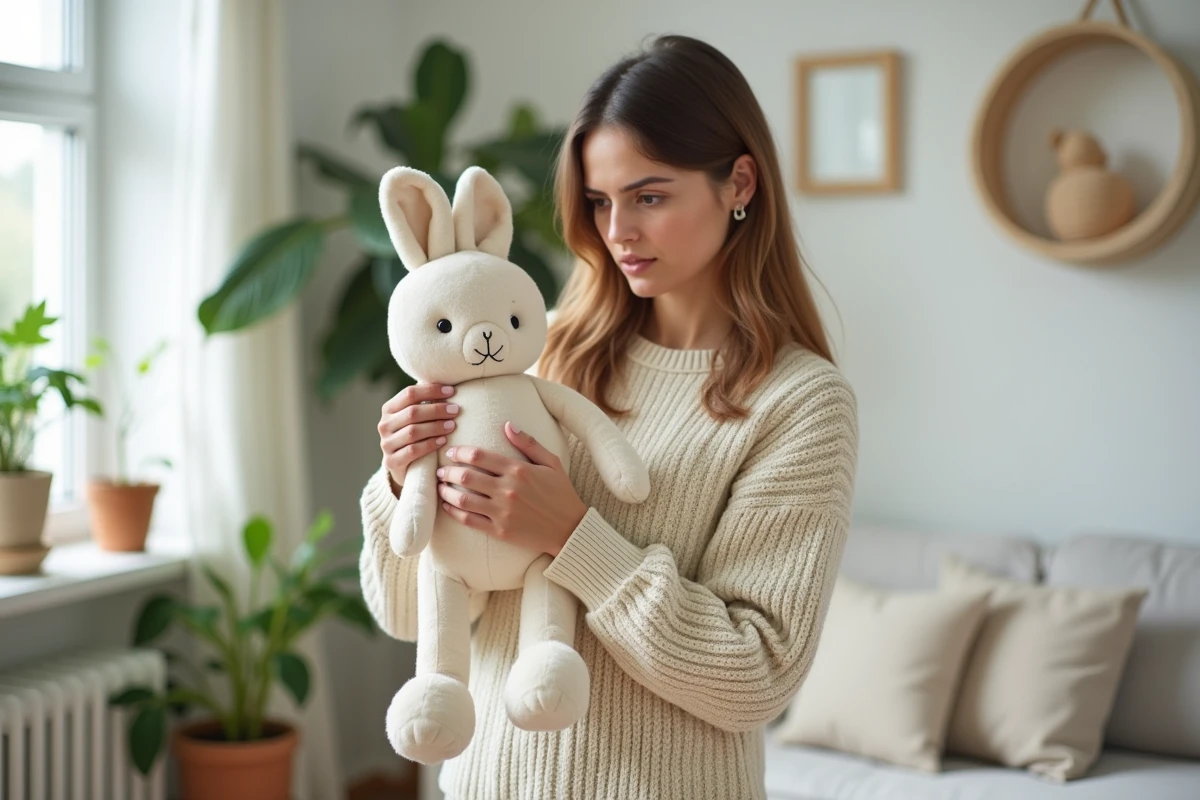 Femme inspectant un jouet lapin Petsboro d'occasion avant de l'offrir en cadeau