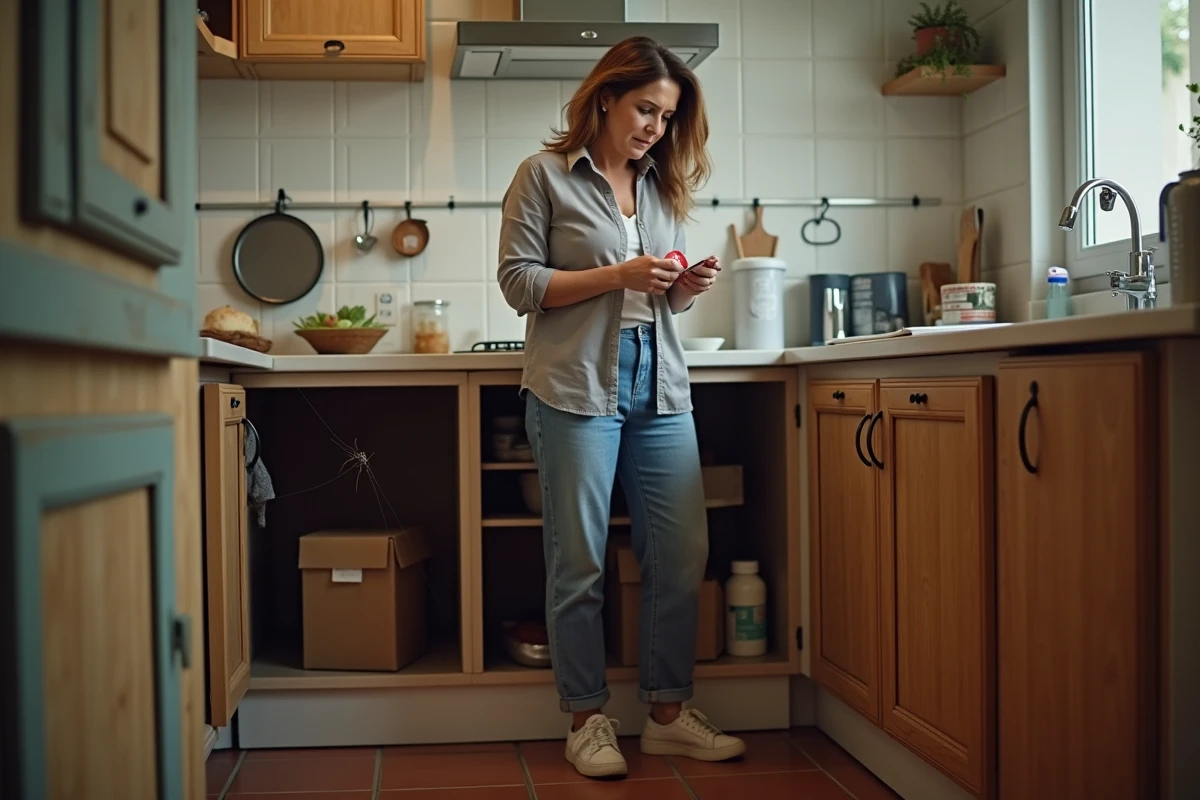 Femme inspectant une toile d'araignée sous l'évier d'une cuisine provençale avec araignée violoniste visible