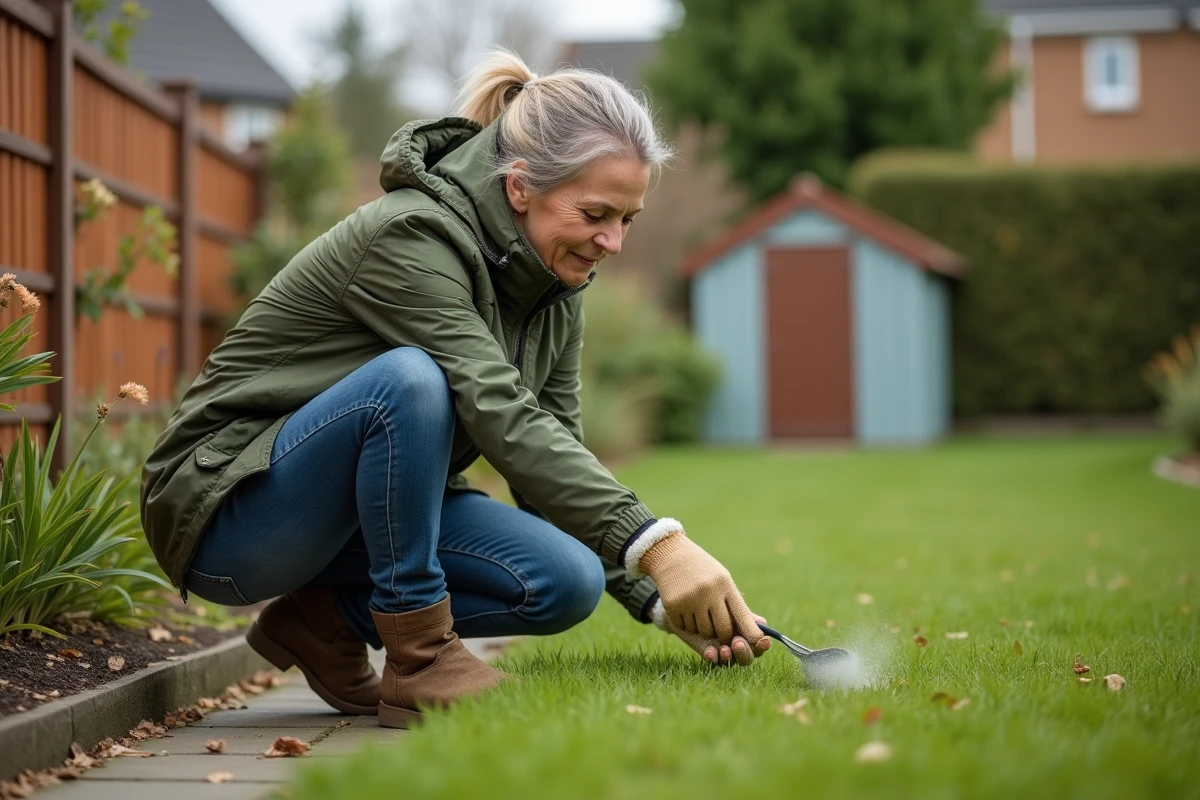 Femme en jeans et veste verte saupoudrant répulsif naturel pour renards dans son jardin