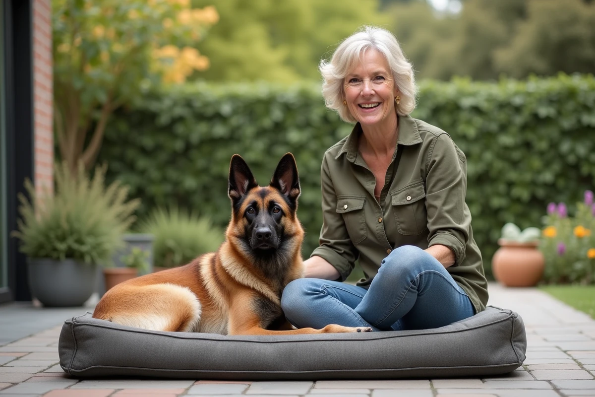 Femme et malinois avec coussin solide dans jardin