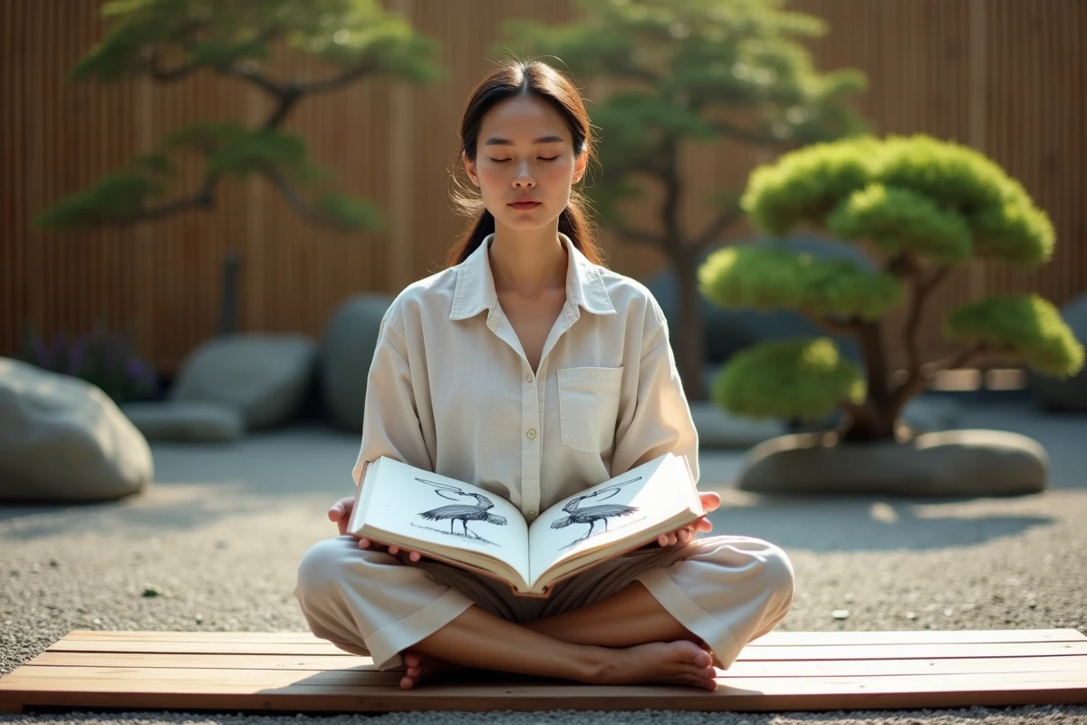 Femme méditant dans un jardin japonais avec un livre illustré de hérons, exploration de la symbolique spirituelle du héron au quotidien