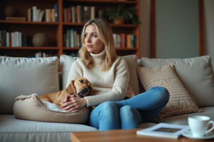 Femme assise pensivement sur un canapé moderne avec un lit pour chien vide