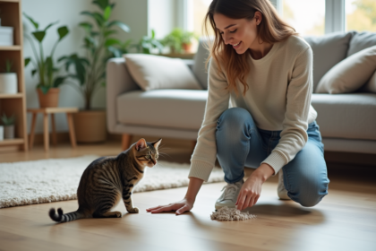 Jeune femme nettoyant un parquet avec un chat curieux à côté