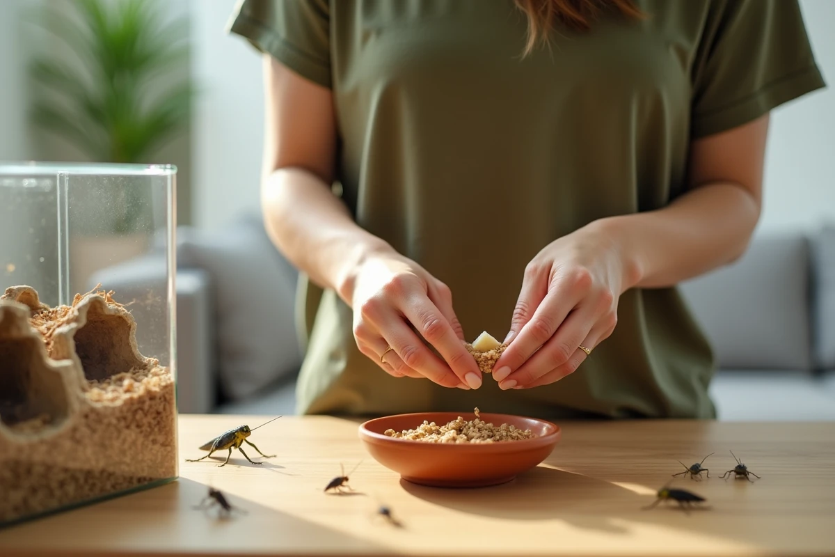 Mains d'une femme nourrissant des grillons avec des flocons séchés et un morceau de banane dans un terrarium en verre