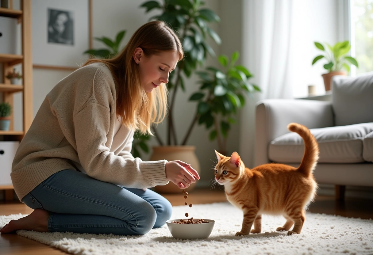 Femme donne à manger à un chat ginger dans le salon