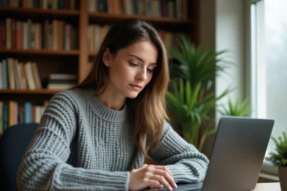 Jeune femme cherchant le nom d'un animal en X sur son ordinateur portable à son bureau
