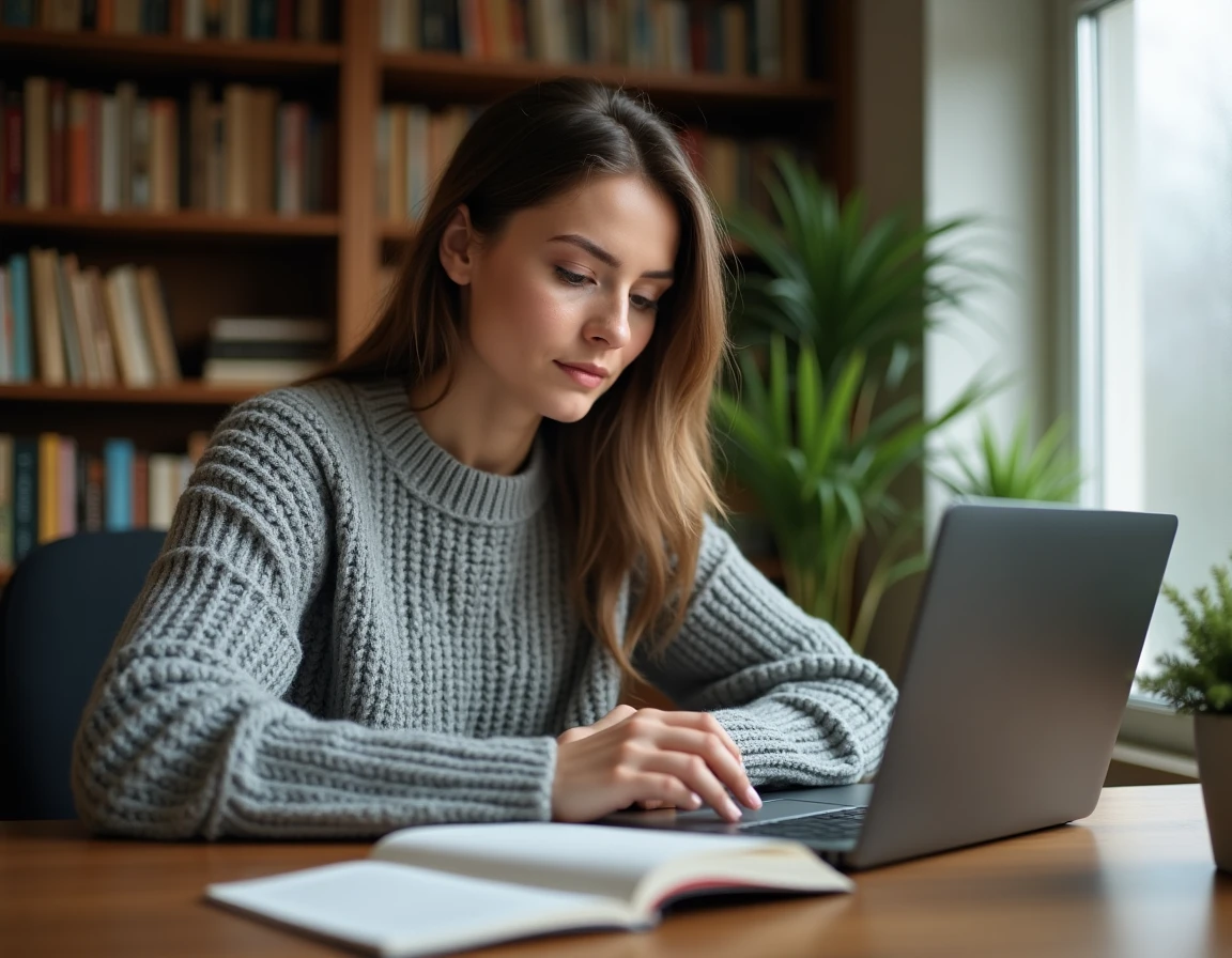 Jeune femme cherchant le nom d'un animal en X sur son ordinateur portable à son bureau