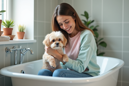 Femme rassure un petit chien anxieux dans la salle de bain