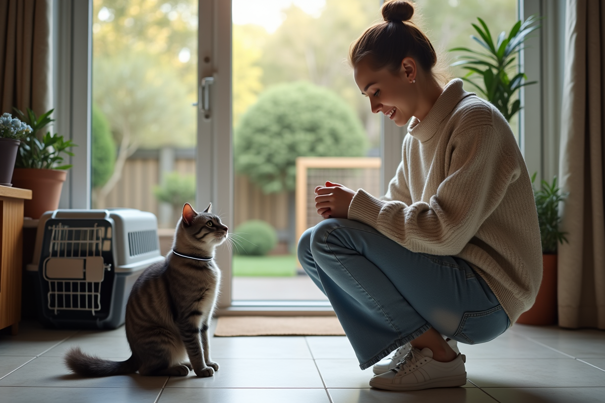 Femme posant un collier à son chat gris dans le salon